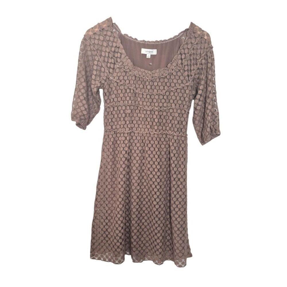 Umgee Brown Polka Dot Dress with Ruffles and Lace Trim Size Small Cottage Boho